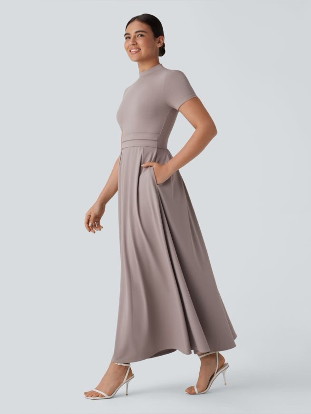 HALARA stand collar short sleeve pocket maxi dress